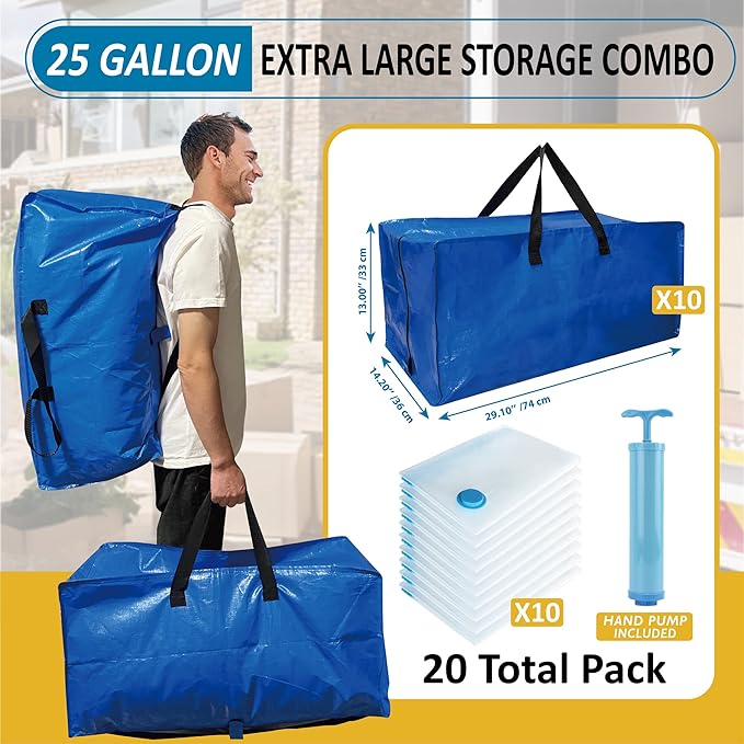 20 Pack Heavy Duty Extra Large Moving Totes with Backpack Straps & Large Vacuum Storage Bags - Space Saving, Fold Flat, Includes Vacuum Bags