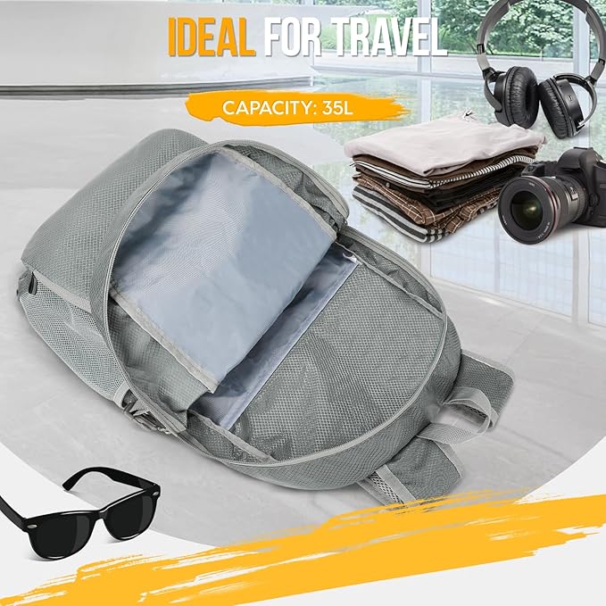 ZOMAKE Lightweight Packable Backpack 35L, Light Foldable Backpacks Water Resistant Collapsible Hiking Bag, Compact Folding Day Pack for Travel Camping(Sliver Grey)