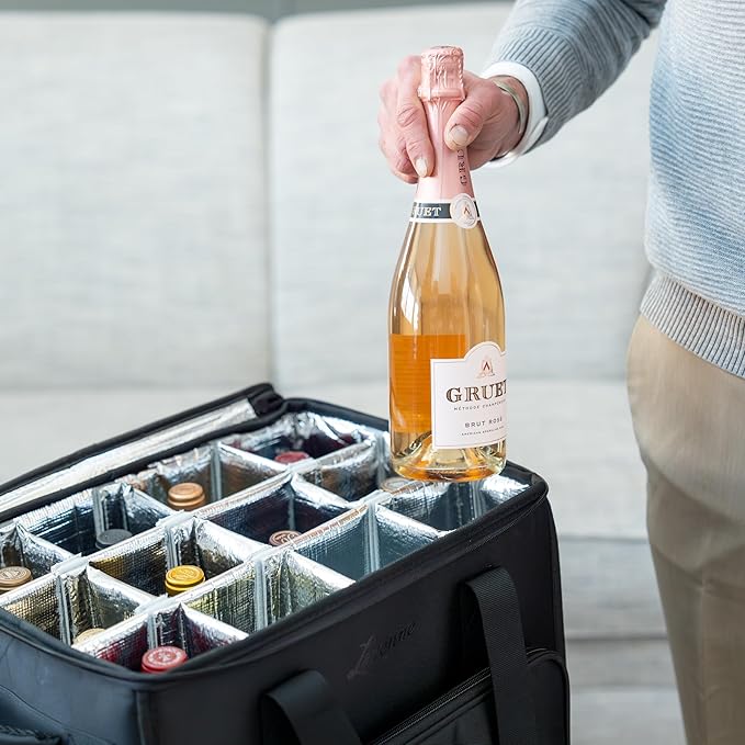 3-in-1 Wine Tote - Rolling Suitcase and Insulated Cooler Bag with Removable Dividers for 12 Bottles