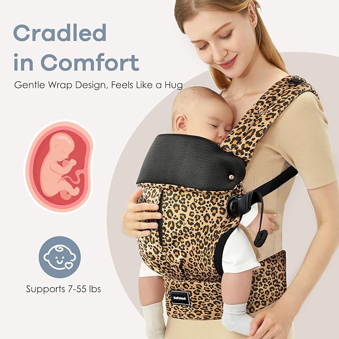 Baby Carrier with Lumbar Support, Cozy Baby Carrier Newborn to Toddler with Adjustable Seat Size, Ergonomic Infant Carrier with 3-Way Carry, Front Facing Toddler Hodler Carrier for Mom & Dad, Leopard