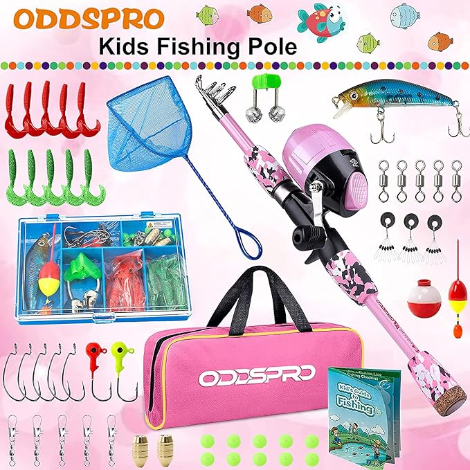 ODDSPRO Kids Fishing Pole Pink, Portable Telescopic Fishing Rod and Reel Combo Kit - with Spincast Fishing Reel Tackle Box for Girls, Youth