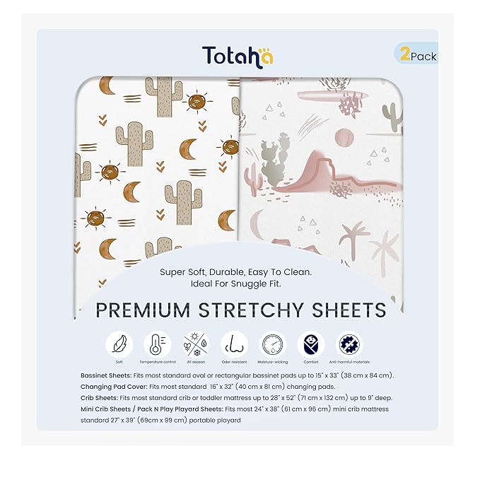 TotAha Cactus Pack N Play Sheets, Premium Stretch Fitted Portable Mini Cribs Playards Sheets, Ultra Soft Breathable Jersey Knit Mini Crib Sheet, 2 Pack