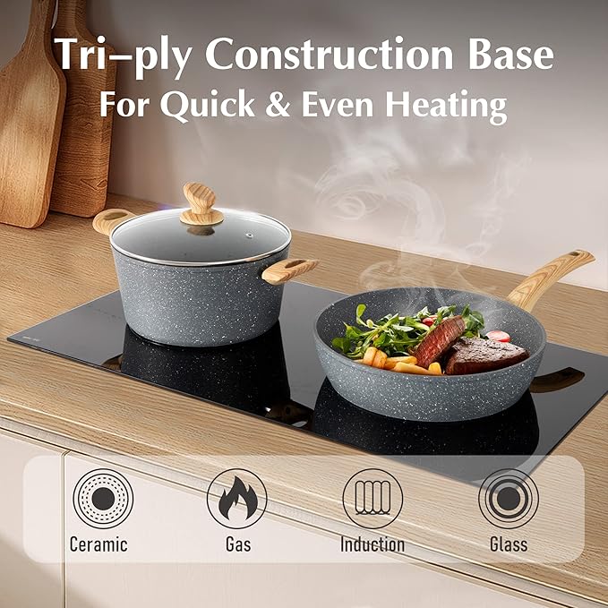 MAISON ARTS Pots and Pans Set Non Stick, 12 Piece Grey Granite Kitchen Cookware Induction Compatible, Pot and Pan Sets for Cooking Nonstick