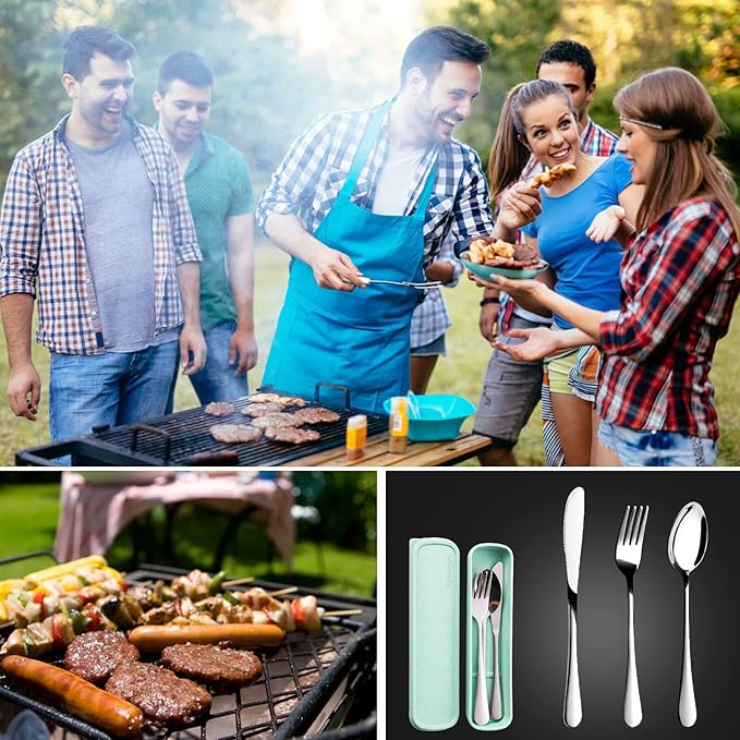 Portable Utensils Set with Case, 4pcs Stainless Steel Reusable Silverware for Lunch Camping School Picnic Workplace Travel, Lunch Box Includ Fork Spoon Knife,Easy to clean,Dishwasher Safe