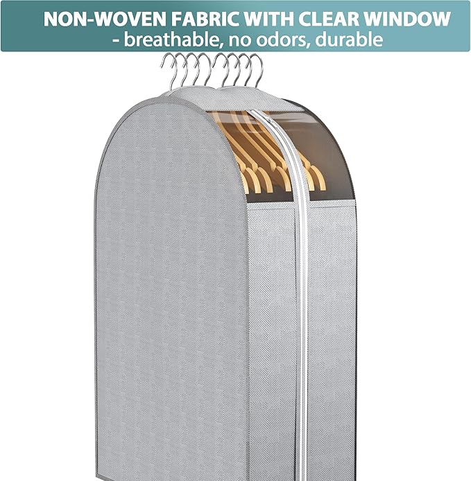 10" Gusseted Garment Bags for Hanging Clothes with clear window, 60" Suit Bags for Open Closet Storage, Clothing Cover for Coat, Dress, Jacket, Shirt, Fur Wardrobe Protector, 3 Packs