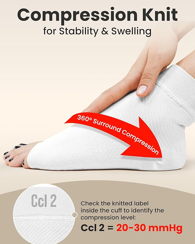 KEMFORD Ankle Compression Sleeve - Plantar Fasciitis Braces - Open Toe Compression Socks for Swelling, Sprain, Neuropathy, Foot Arch Support for Men and Women - 20-30mmhg, 2XL, White