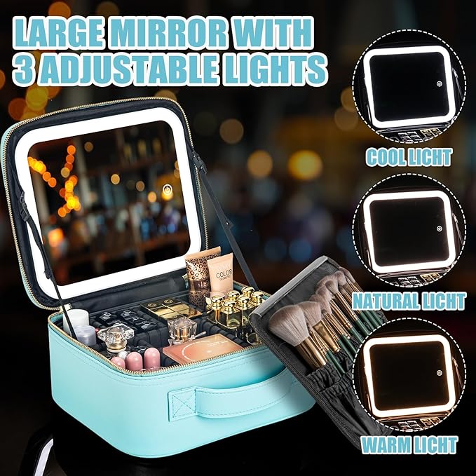 Makeup Travel Train Case with Mirror LED Light 3 Adjustable Brightness Large Cosmetic Bag Portable Storage Adjustable Partition Waterproof Makeup Brushes Make up Jewelry Gift for Women