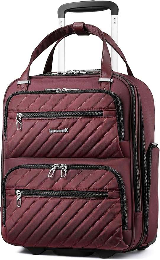 LUGGEX Underseat Carry On Luggage with Wheels, Stylish Lightweight Under Seat Luggage, Soft Sided Personal Item Suitcase for Short Trip (Dark Scarlet, 16 Inch)