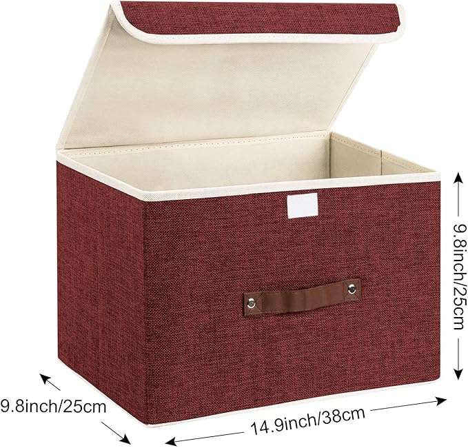TYEERS Foldable Storage Boxes with Lids 5 Pack Fabric Storage Bins with Lids, Closet Organizers for Clothes Storage, Room Organization, Office Storage, Toys - Red Wine