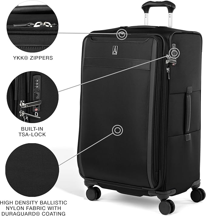 Travelpro VersaPack+ Lightweight Softside Expandable Checked Luggage, 8 Spinner Suitcase, TSA Lock, Men and Women, Checked Large 29-Inch, Black