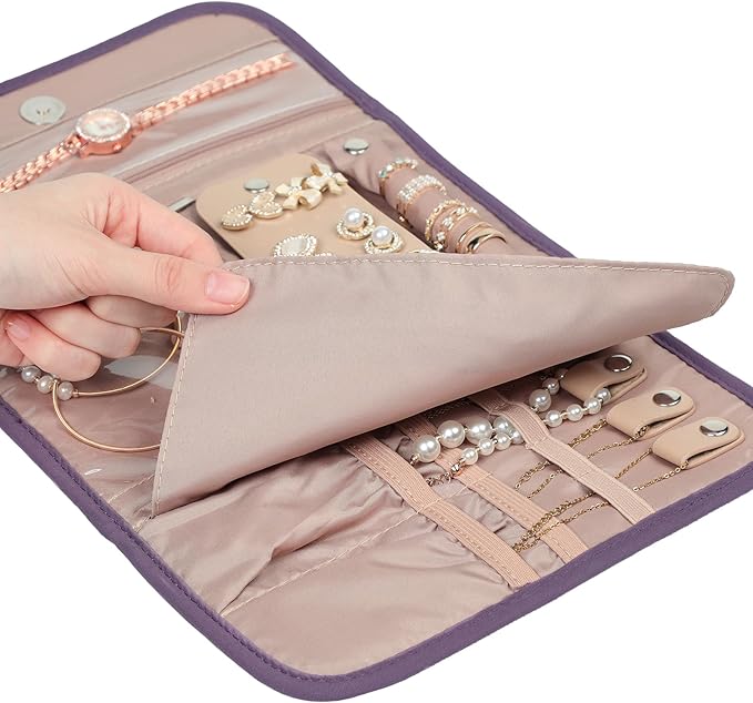 BELALIFE Travel Jewelry Case Organizer, Foldable Storage Roll for Earrings, Necklaces, Rings, Bracelets, Brooches, Purple