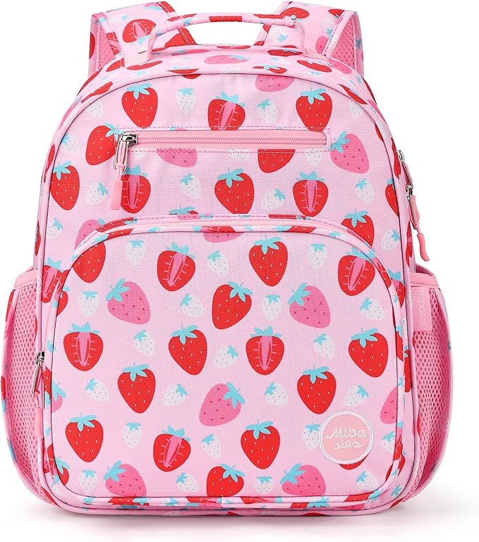 mibasies Girls Backpack 5-8: Lightweight Kids Backpacks for Girls - Girl Bookbag for Elementary School - Assorted Strawberry Pink