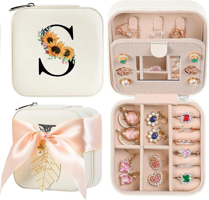 AYGXU Travel Jewelry Box for Women and Girls - Small Case With Initial A-Z - Teacher Gifts