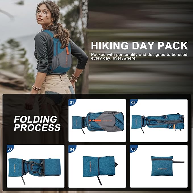 FIORETTO 10L Hiking Backpack for Women Men Mini Packable Backpack Lightweight Small Daypack for Camping Travel Outdoor, Turquoise