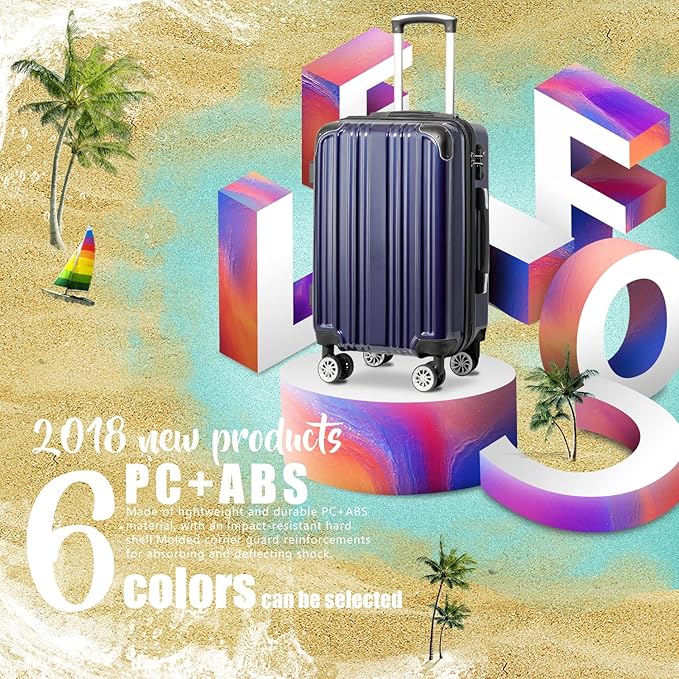 Coolife Luggage Expandable(only 28") Suitcase PC+ABS Spinner 20in 24in 28in Carry on (navy new, S(20in)_carry on)