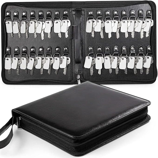 Portable Zippered Key Case, Leather Key Organizer with Handle, 32 Key Capacity, for Real Estate Sales, Hotel Executives, Car Service (Black)