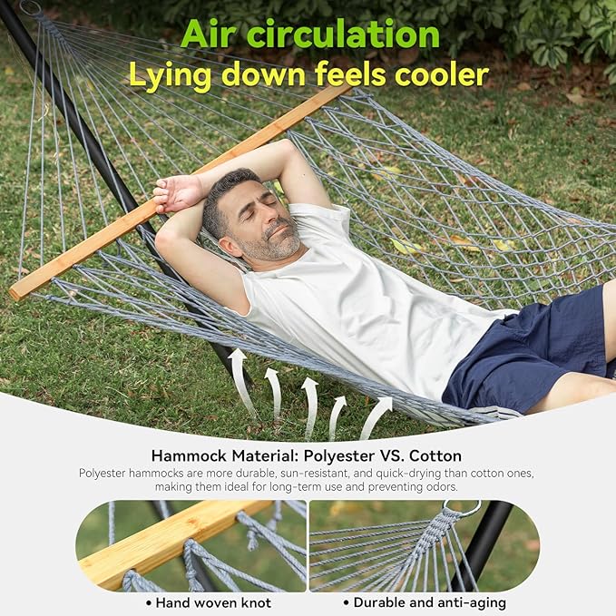 Double Hammock for 2 Person, Handwoven Cotton Rope Hammock with Spreader Bar Without Stand - Indoor & Outdoor Use for Patio, Poolside, Backyard (Grey)