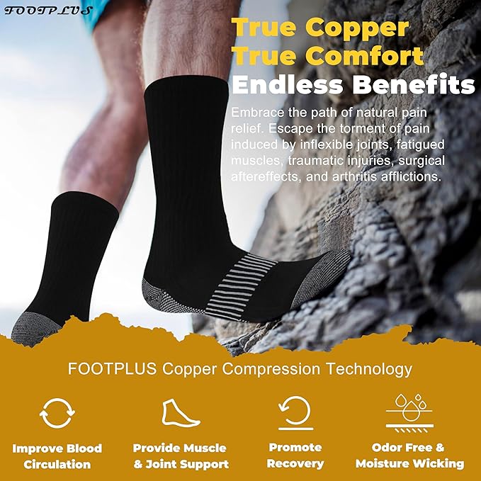 FOOTPLUS Hiking Copper Compression Socks,Unisex Cushioned Sole Arch Support Athletic Crew Running Socks