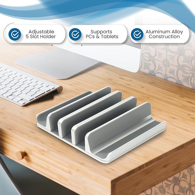 Multiple Laptop Holder Adjustable Laptop Stand Holds 5 Devices, Fits All MacBooks Laptops Tablets and Mobiles (up to 17.3'), Closed Upright Vertical Laptop Stand for Desk