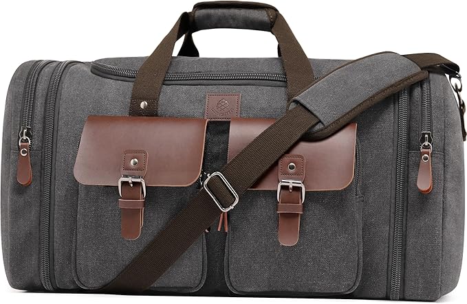 Canvas Duffle Bag for Men 50L Travel Duffel Bags Expandable Genuine Leather Duffel Overnight Weekender Carry On Bag Two Zipper Pockets Travel Bag (Grey, Large-50L)