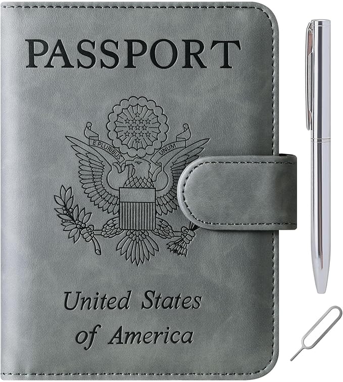 Passport Holder Cover Wallet Travel Essentials Leather Rfid Blocking Case Vacation Luggage Must Haves Travel Accessories for Men Women (120#Grey)