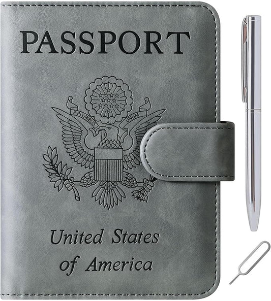 Passport Holder Cover Wallet Travel Essentials Leather Rfid Blocking Case Vacation Luggage Must Haves Travel Accessories for Men Women (120#Grey)
