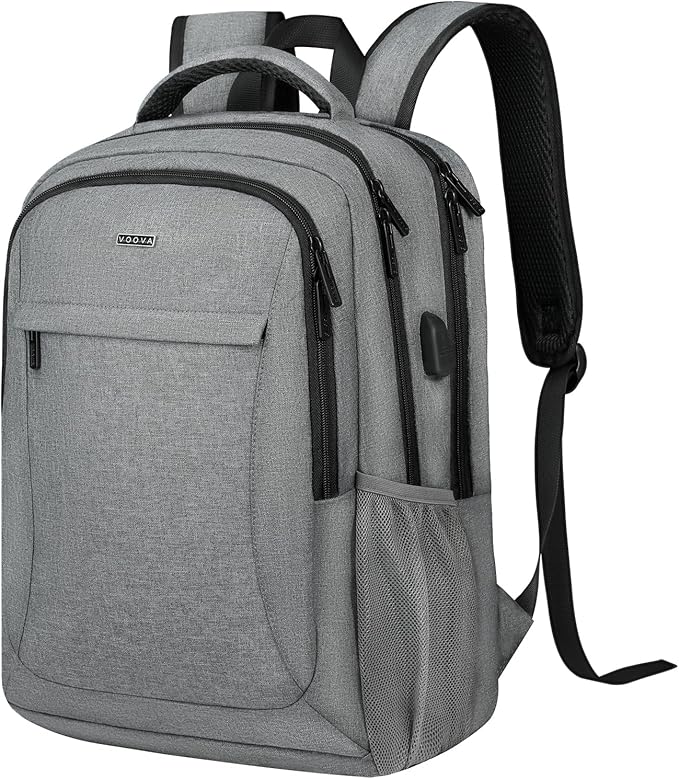Voova Travel Laptop Backpack, Business Work Laptop Backpack for Women & Men with USB Charging Port, Waterproof Slim Durable College Computer Bag Fits 15.6 Inch Laptops and Notebook, Grey