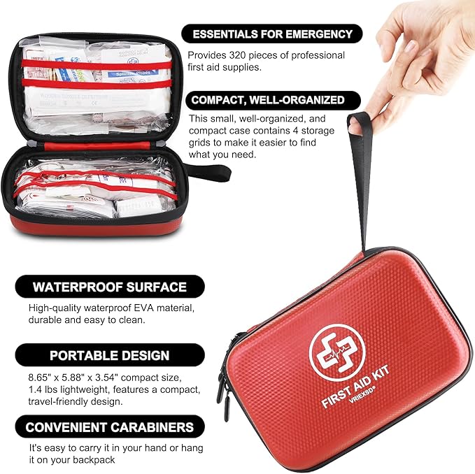 Premium First Aid Kit, 320 Piece Waterproof Hard Shell Eva First Aid Kit for Home, Camping, Cars, Hiking, Travel, Businesses & Outdoor Emergencies - Emergency Medical Kits (Red)