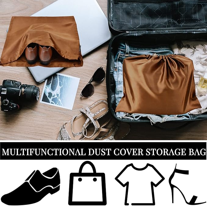 6 Pack Dust Bags for Handbags Silk Dust Cover Bag for Handbags Purses Shoes Boots, Silk Dustproof Drawstring Bag Travel Storage Pouch (Brown, 19.6 × 15.7 in)