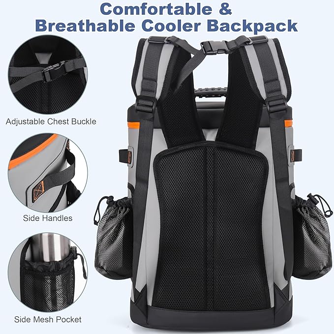 SUNUP 35 Cans Waterproof Cooler Backpack, Soft Insulated Leak Proof Backpack Cooler for Men Women, Large Capacity Ice Chest for Beach, Hiking, Camping, Travel, Outdoor, Grey