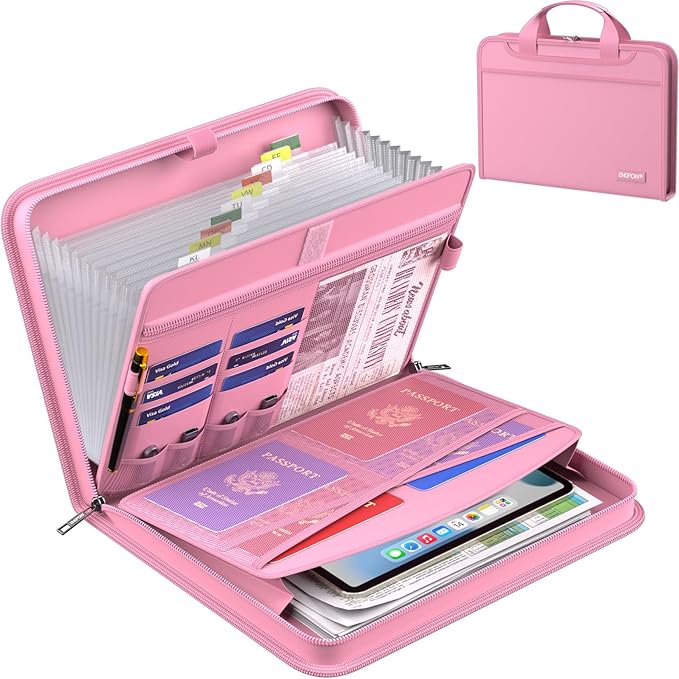ENGPOW Accordion File Organizer,Fireproof Expanding File Folder with Multi Pockets,13 Pockets Document Organizer with Handle & Labels,Portable Home Travel Safe Storage Folder for Letter A4 Files,Pink