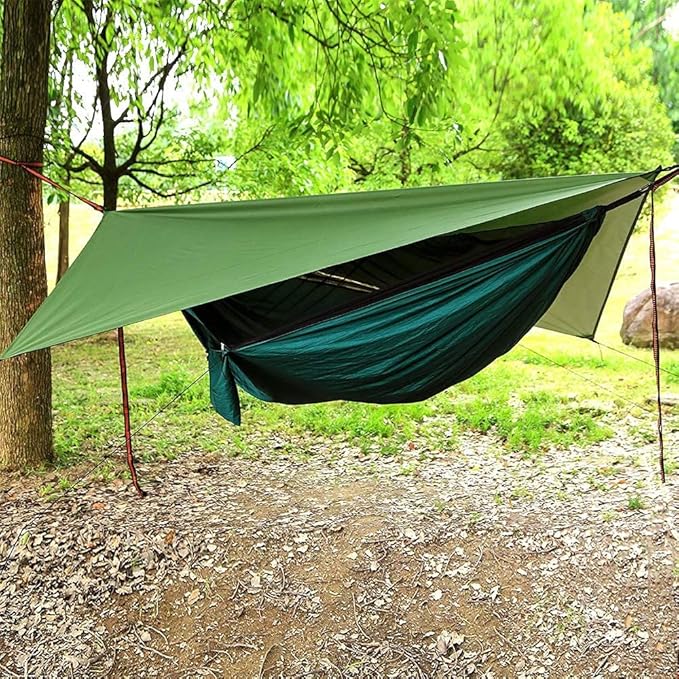 Camping Hammock with Rain Fly Tarp and Mosquito Net with Tree Straps Single &Double Portable Hammocks with Rain Cover for Indoor Outdoor Backpacking Hiking Travel Yard Activities Green