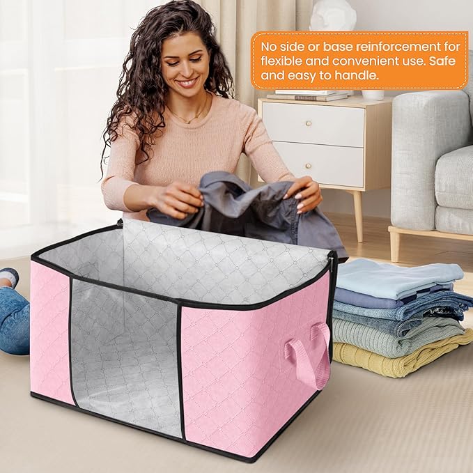 Fab totes 10 Pack Clothes Storage, Foldable Thick Fabric Blanket Storage Bags, Containers for Organizing Bedroom, Closet, Clothing, Comforter, Organization with Handle,Pink