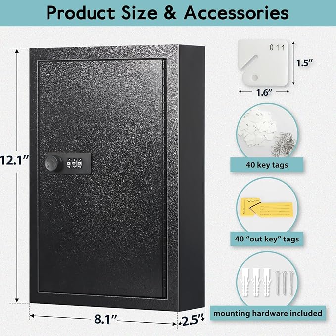 KYODOLED Locking Key Cabinet, 40 Key Storage Lock Box with Code, Key Box Wall Mount with Combination Lock, Key Hooks & Tags Key Labels, 2.5" D x 8" W x 12" H (Black,40 Key)
