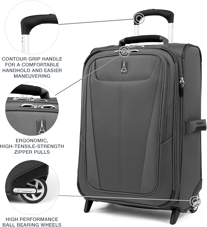 Travelpro Maxlite 5 Softside Expandable Upright 2 Wheel Carry on Luggage, Lightweight Suitcase, Men and Women, Shadow Grey, Carry On 22-Inch
