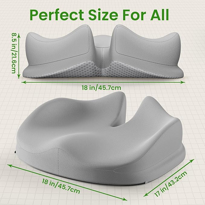 Benazcap Large Seat Cushion for Office Chair Memory Foam Coccyx Pain Relief Cushion Pillow for Back Support Non-Slip Seat Pad for Office Desk, Car Seat, Wheelchair, Sciatica-Grey