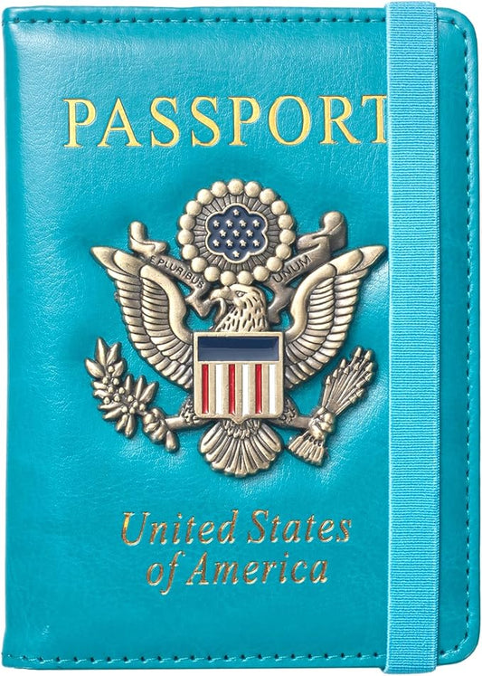 Passport Holder for Travel Men, RFID Blocking Passport Wallet Cover Case, Waterproof Leather Travel Wallet for Men Women, Document Protector for Traveling Accessories-Lake Blue