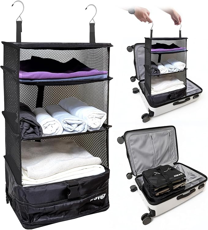 Grand Fusion Stow-N-Go Travel Luggage Organizer – Portable Hanging Travel Shelves, Carry-On Closet Organizer, Hanging Packing Cubes, Collapsible Carry-On Organizer for Cruises & Hotels. Black - L