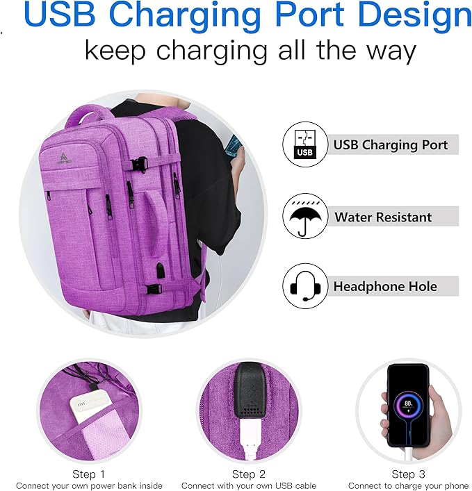 50L Carry On Backpack, Extra Large Laptop Backpack, Travel Backpack for Women, Expandable Water Resistant Big Bag Anti-Theft Business Daypack Fit 17 Inch Laptop with USB Port,Purple