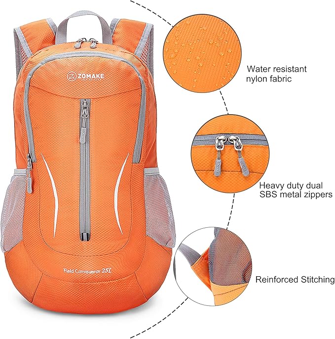ZOMAKE Ultra Lightweight Packable Backpack 25L, Foldable Hiking Backpacks Water Resistant Small Folding Daypack for Travel(Orange)