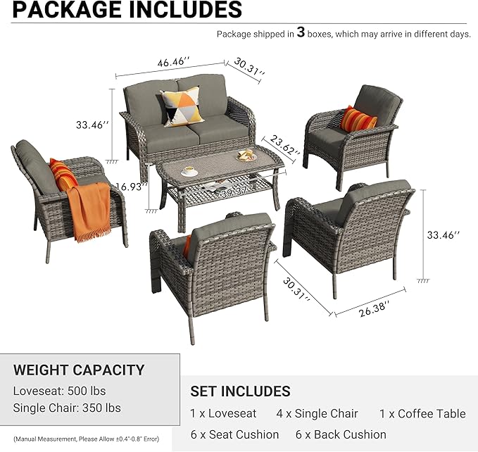 HOOOWOOO Patio Furniture Set,6 Pieces Outdoor Conversation Set,All Weather Wicker Loveseat Sofa Set with High Back Chairs Table,Black