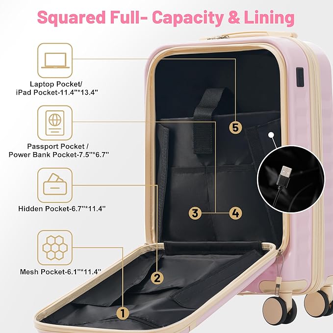 Merax Luggage Sets Front Opening, 2 Piece Hardshell Suitcase with Spinner Wheels and Bags,Lightweight Carry on Luggage with USB Port,20+24,Pink