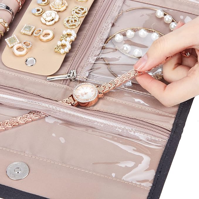 BELALIFE Travel Jewelry Case Organizer, Medium Foldable Storage Roll for Earrings, Necklaces, Rings, Bracelets, Brooches, Black