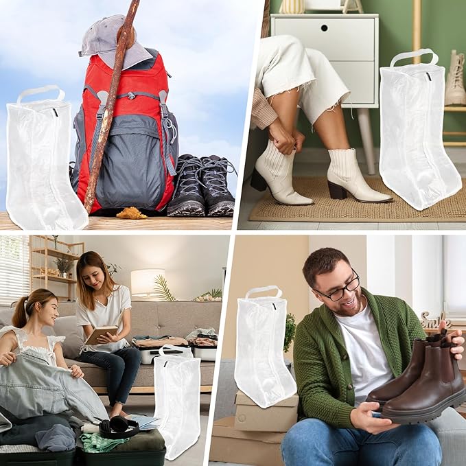 Boot Storage Bags [2PCS] - Plastic Tall Boot Carry Bags Clear Shoe Bags with Handle for Travel & Daily Use - [White] Waterproof & DustProof Boot Bags for Cowboy Boots
