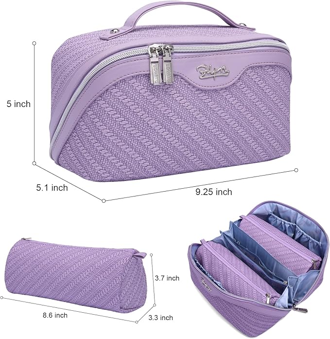 BOYATU Travel Makeup Bags for Women: Large Cosmetic Bag Waterproof - Vegan Leather Make up Bag Set of 3 - Compact Toiletry Organizer with Compartments & Handle & Divider (Z-Purple)