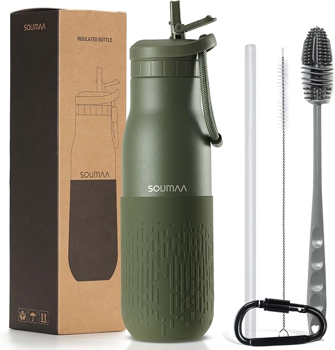 Insulated Stainless Steel Water Bottles with Straw, Wall Vacuum Insulated Water Bottle for Gym Traveling Camping Hiking Outdoor Activity(2 Cleaning Brushes+1 Carabiner, 18 oz Green)
