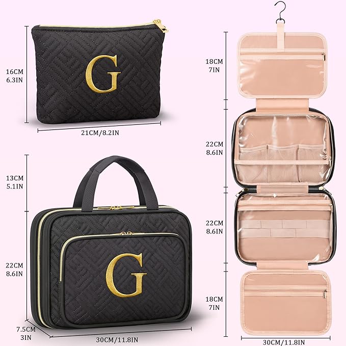 Gifts for Women, Initial Toiletry Makeup Bag Hanging Cosmetic Organizer with Embroidery Letter Personalized Nurse Teacher Appreciation Gift Birthday Christmas Gifts for Mom Sister Wife Friend Auntie