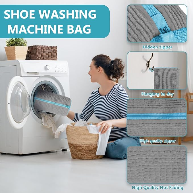 Shoe Washing Machine Bag - 2Pack Laundry Shoe Bag for Washer and Dryer, Reusable Shoe Cleaning Bag for All Shoe Sizes, 360° Deep Clean for Tennis Shoes, Sneakers, Includes 1 Brush(grey)