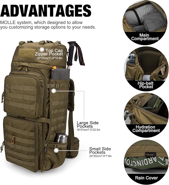 Mardingtop 75L Molle Hiking Internal Frame Backpacks with Rain Cover for Camping,Backpacking,Travelling