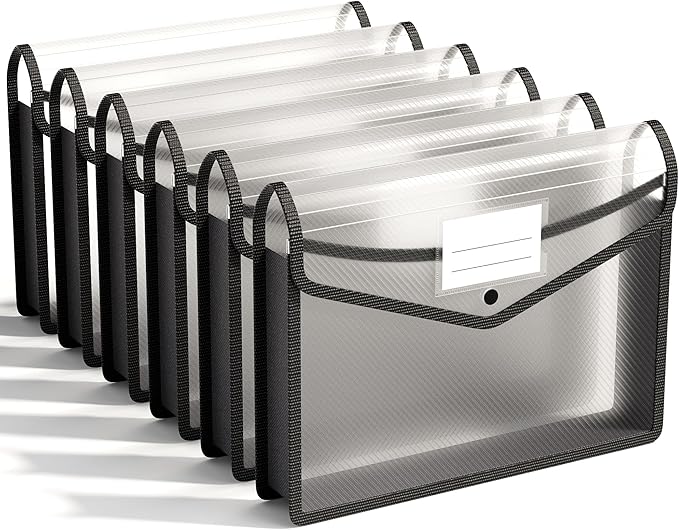 ABC life 6 Pack Plastic Expanding File Folder, Folders for Documents with Snap Closure, Black File Folder Organizer Holder, Transparent Accordion File Pouch,Large Capacity, Fit Letter/A4 Size - Black